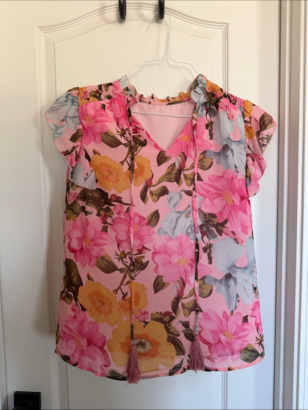 Floral Pink Tie-Front Short Sleeve Blouse